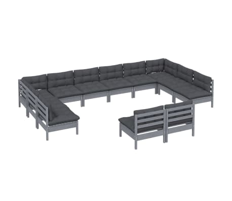 vidaXL 12-delige Loungeset met kussens massief grenenhout grijs