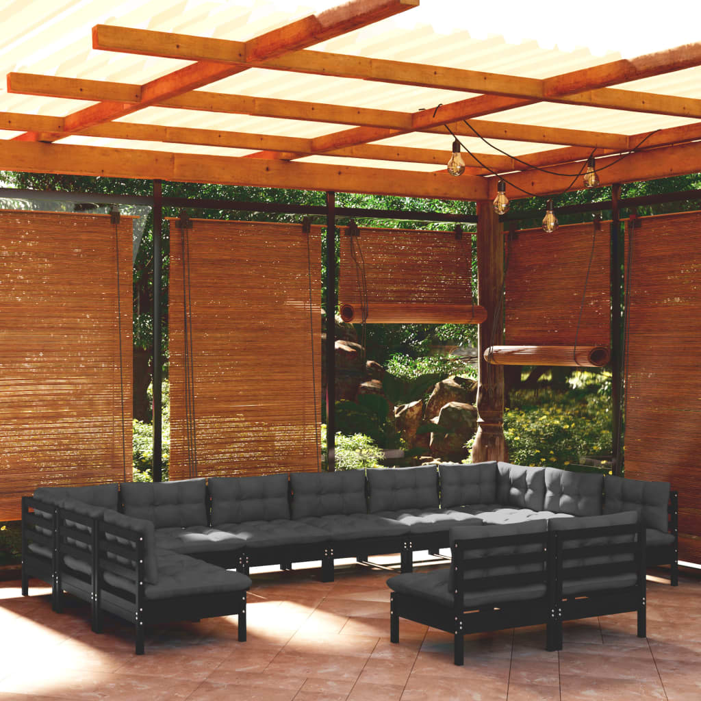 vidaXL 12-tlg. Garten-Lounge-Set mit Kissen Schwarz Kiefer Massivholz