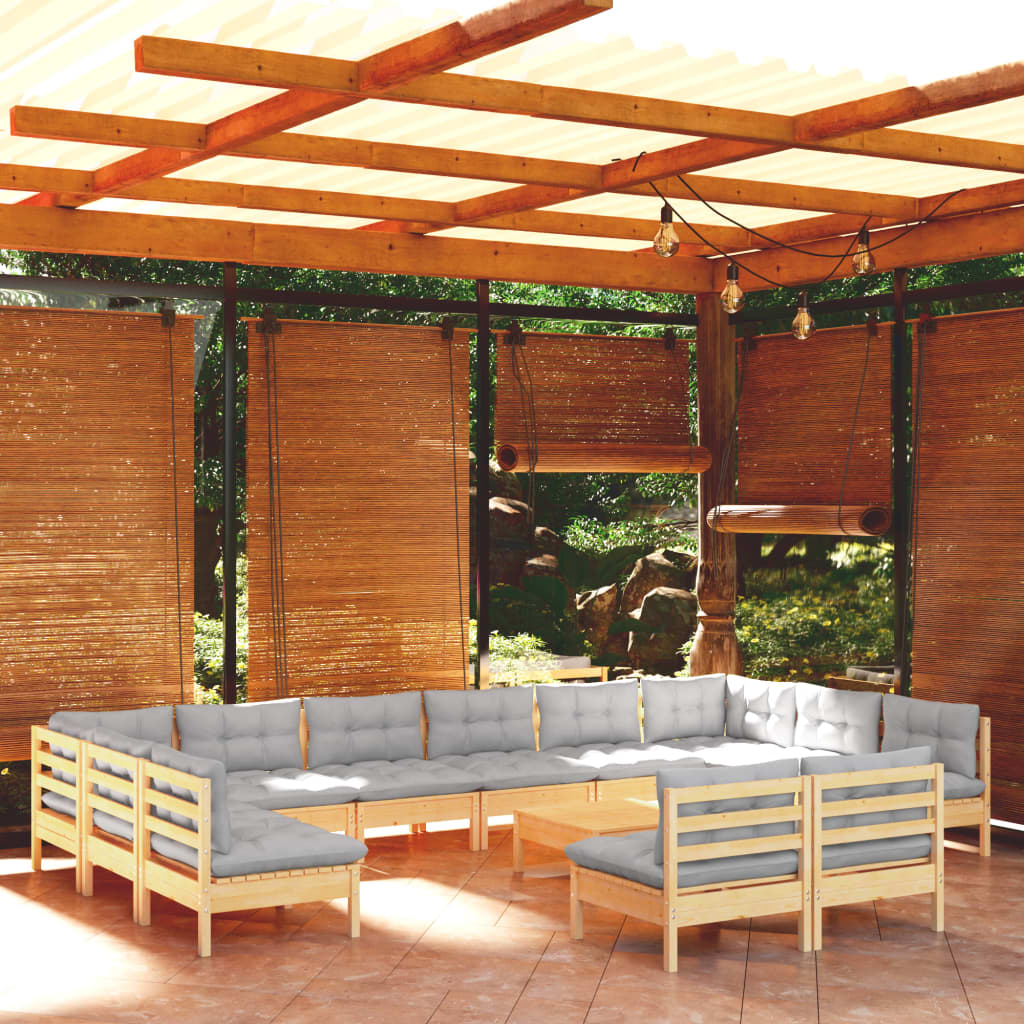 vidaXL loungesæt til haven 13 dele med grå hynder massivt fyrretræ