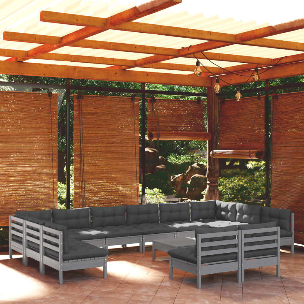 vidaXL 13-tlg. Garten-Lounge-Set mit Kissen Grau Kiefer Massivholz