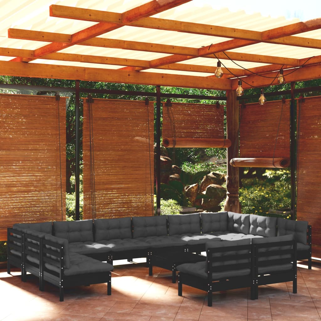 vidaXL 13-tlg. Garten-Lounge-Set mit Kissen Schwarz Kiefer Massivholz