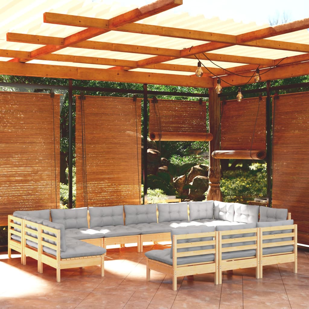 13-tlg. Garten-Lounge-Set mit Grauen Kissen Kiefer Massivholz kaufen