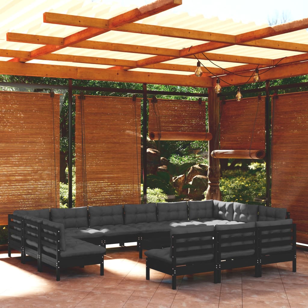 Salon de jardin 14 pcs avec coussins Noir Bois de pin massif