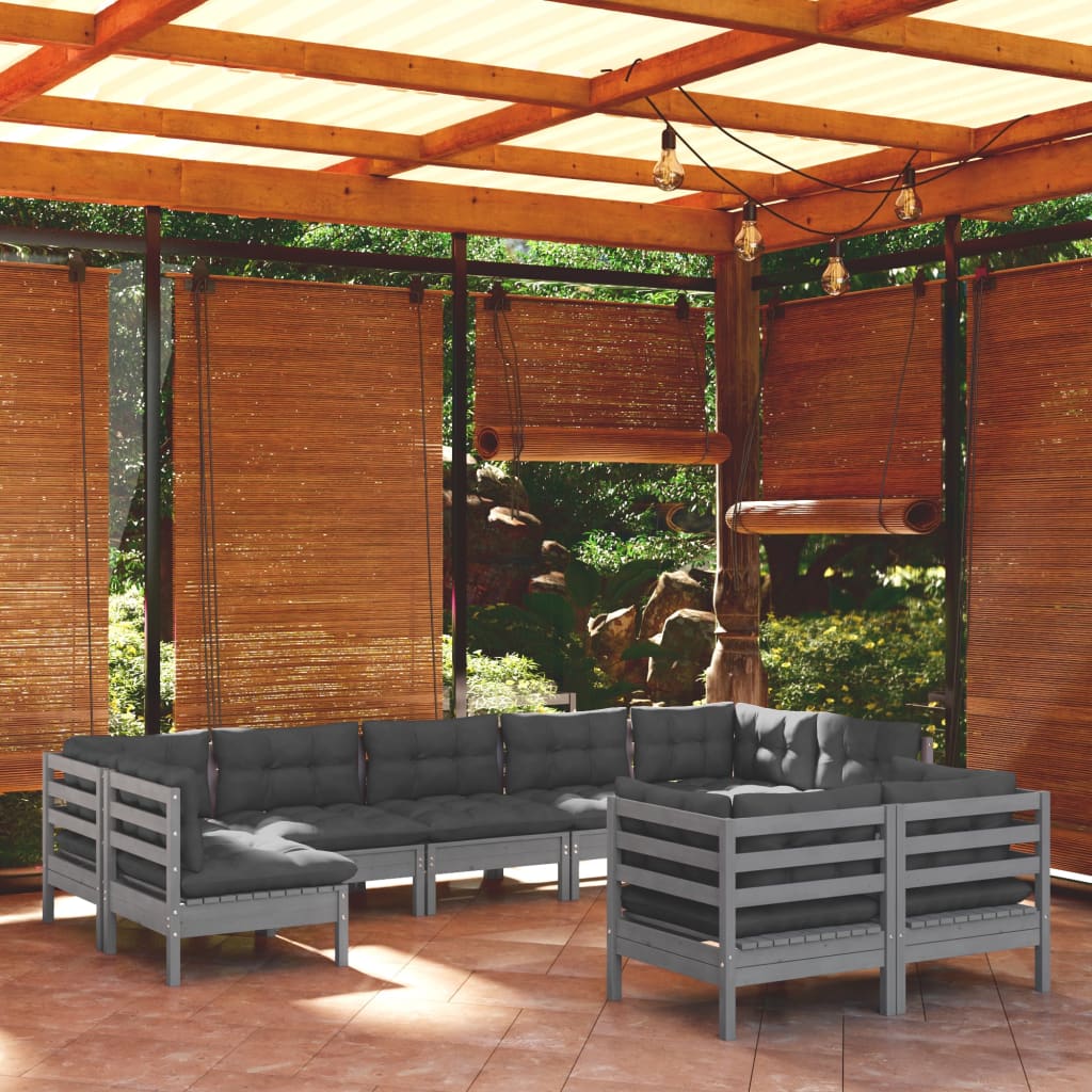 9-tlg. Garten-Lounge-Set mit Kissen Grau Kiefer Massivholz