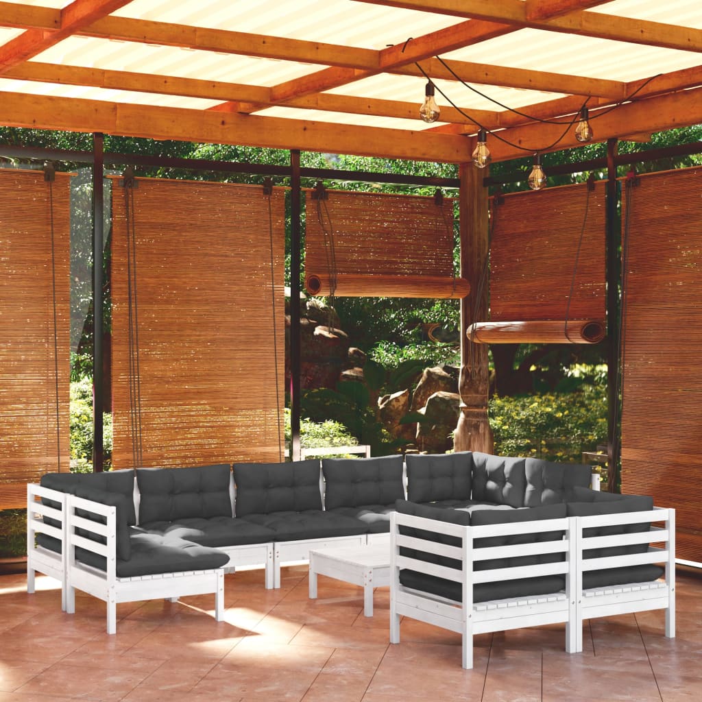 vidaXL Set mobilier grădină cu perne, 10 piese, alb, lemn masiv pin alb