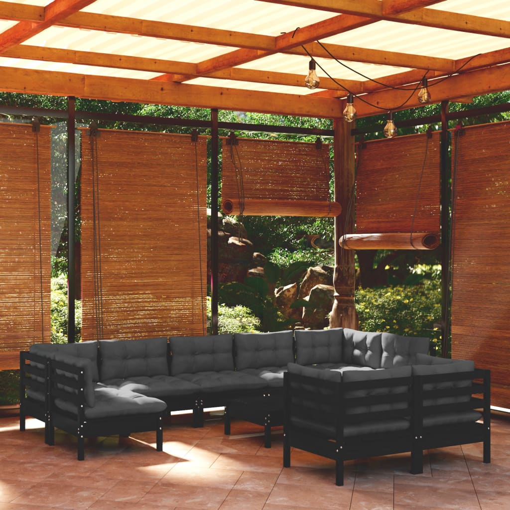 vidaXL 10-tlg. Garten-Lounge-Set mit Kissen Schwarz Massivholz Kiefer