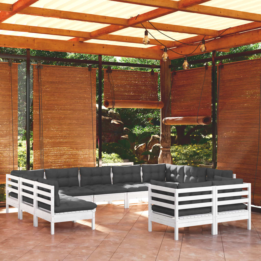 vidaXL Set mobilier grădină cu perne, 11 piese, alb, lemn masiv de pin