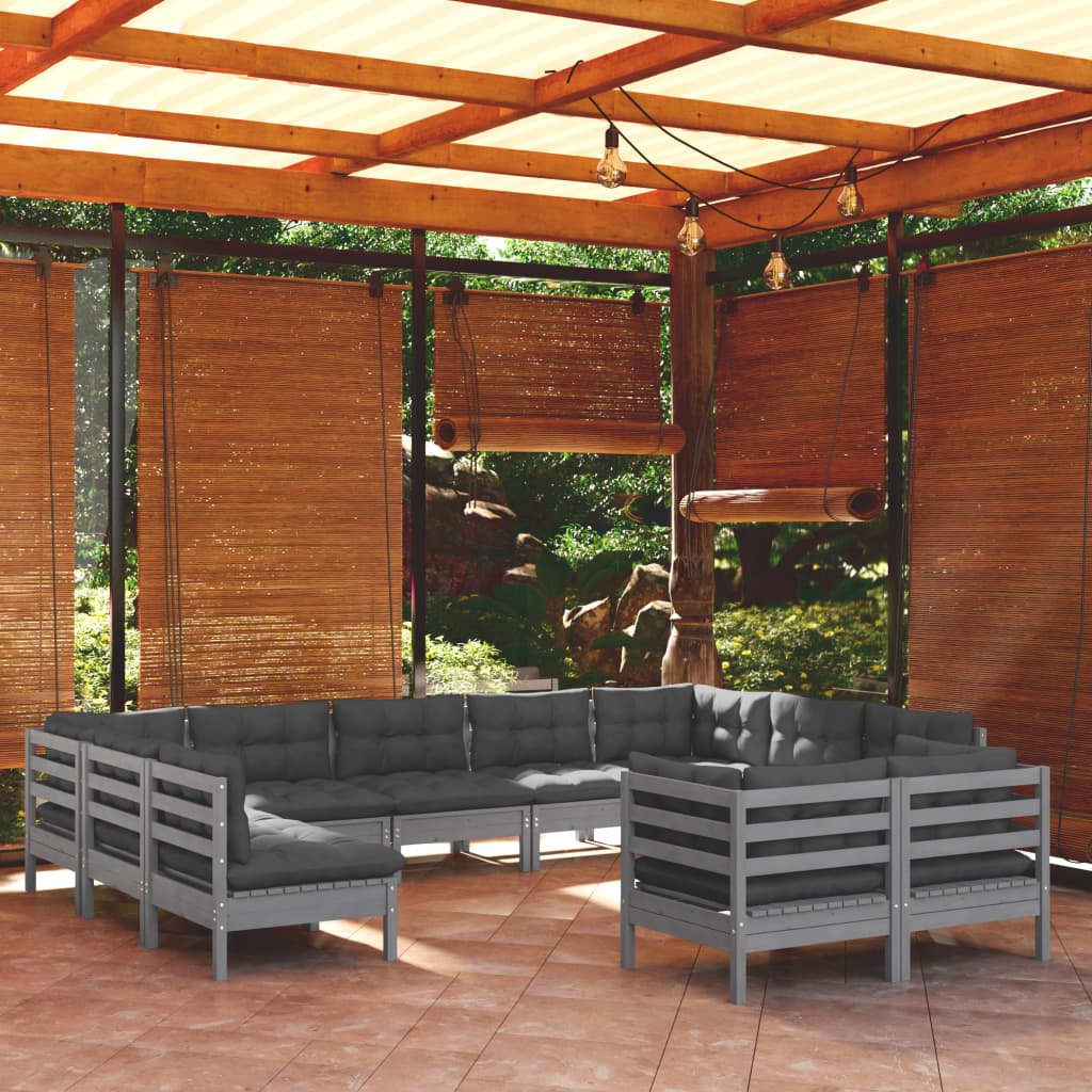 vidaXL 11-tlg. Garten-Lounge-Set mit Kissen Grau Kiefer Massivholz