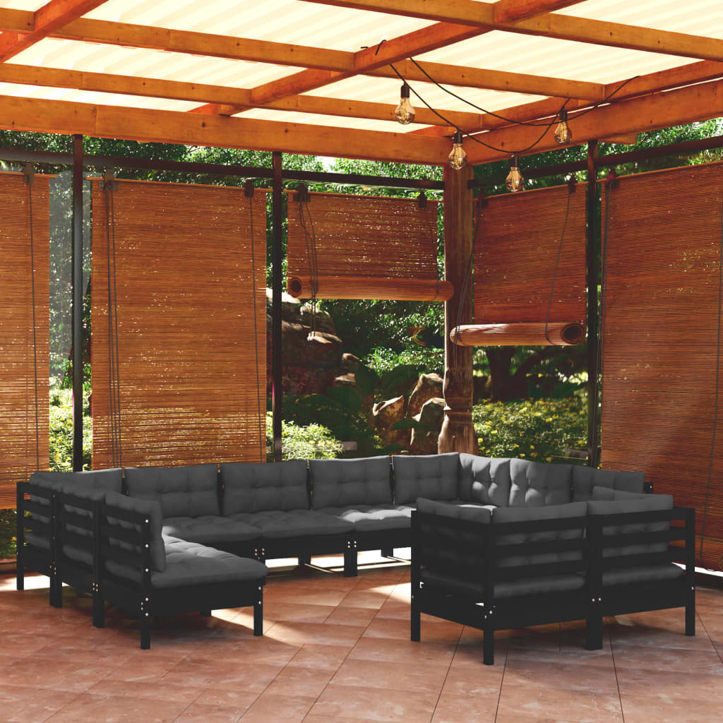 vidaXL Salon de jardin 11 pcs avec coussins Noir Bois de pin massif