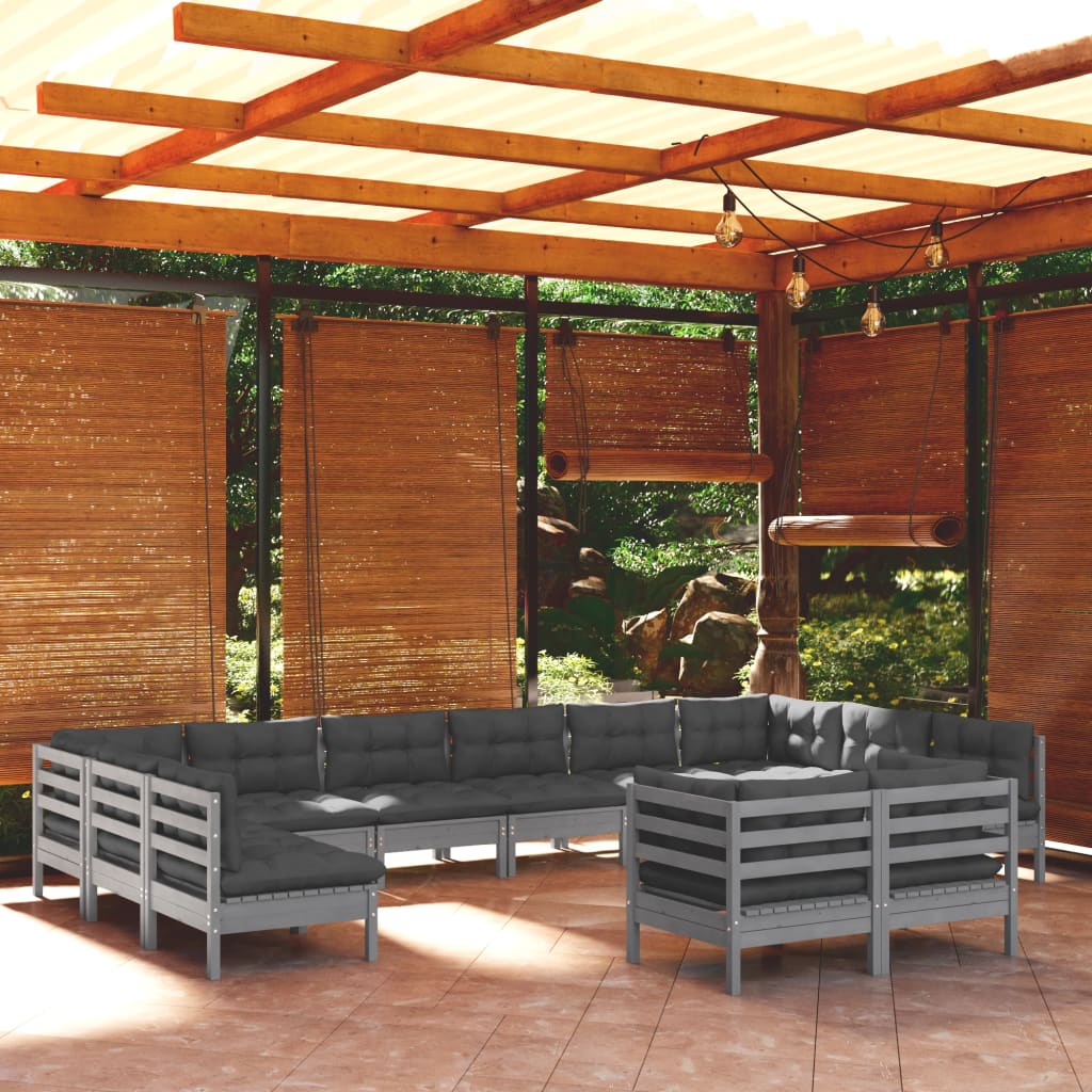 12-tlg. Garten-Lounge-Set mit Kissen Grau Kiefer Massivholz kaufen