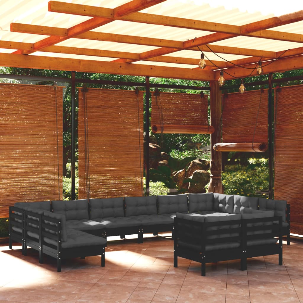 Salon de jardin 12 pcs avec coussins Noir Bois de pin massif