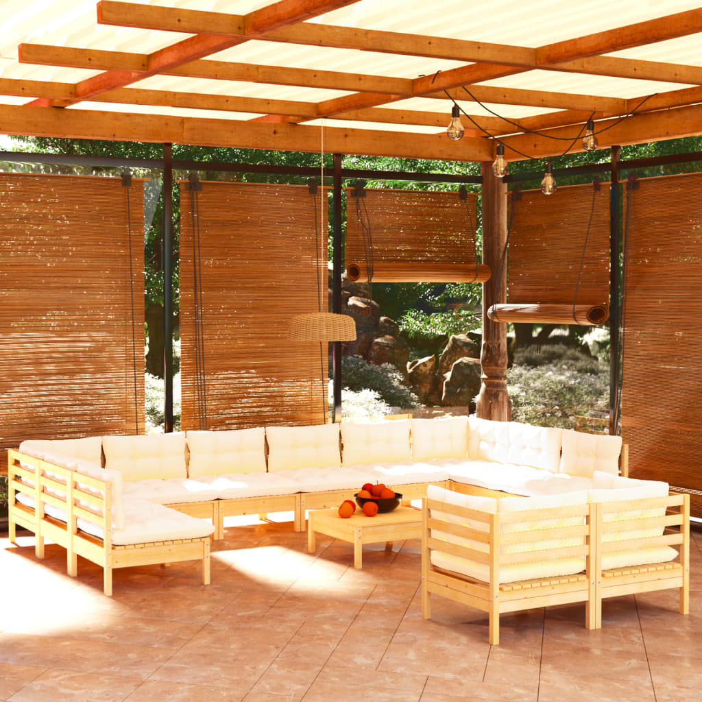 Zestaw wypoczynkowy ogrodowy, drewno sosnowe, kremowe poduszki, 63,5x63,5x62,5 cm