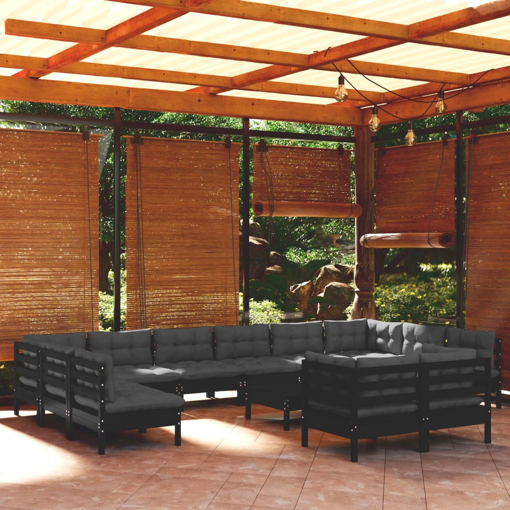 Salon de jardin 13 pcs avec coussins Noir Bois de pin