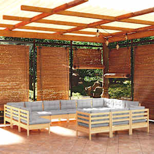 Vrtna sedežna garnitura 13-delna s sivimi blazinami borovina