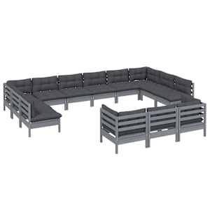 vidaXL Set mobilier de grădină cu perne, 13 piese, gri, lemn masiv pin