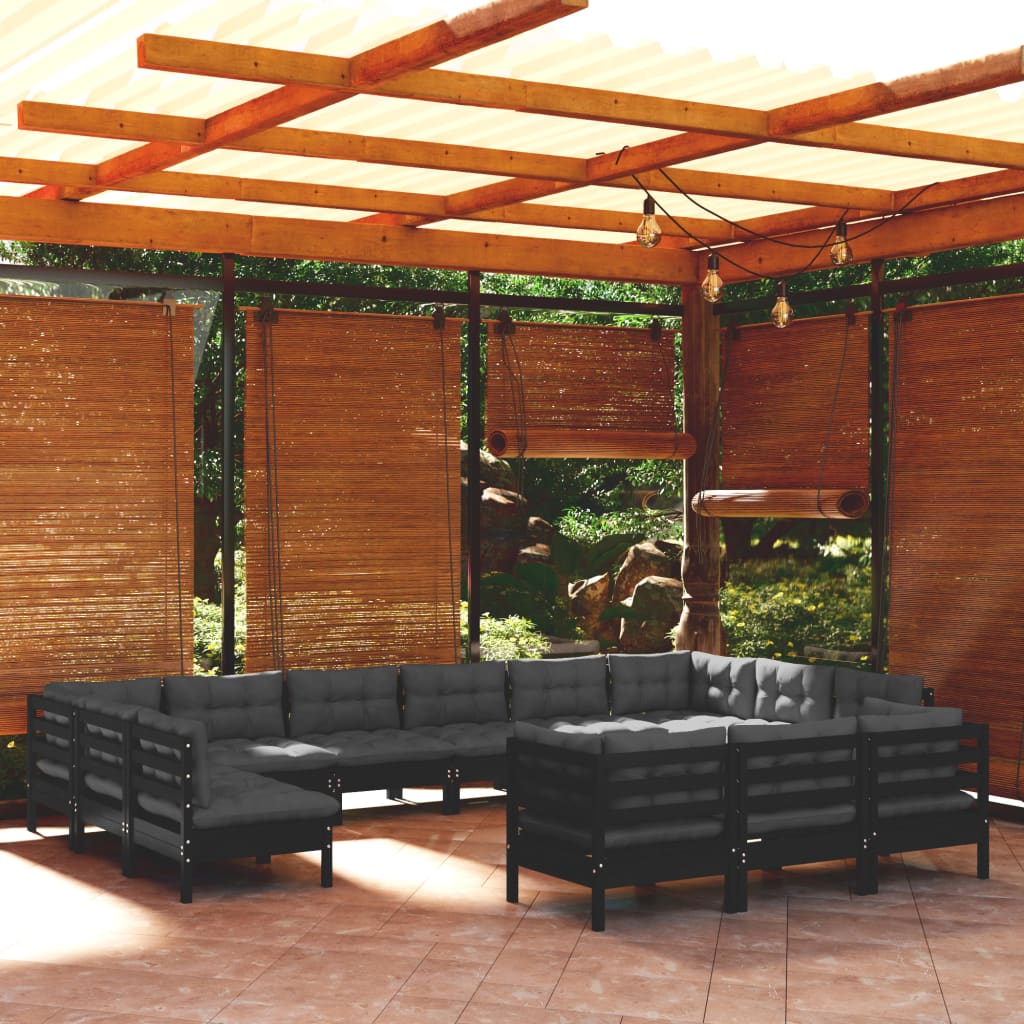 Salon de jardin 13 pcs avec coussins Noir Bois de pin