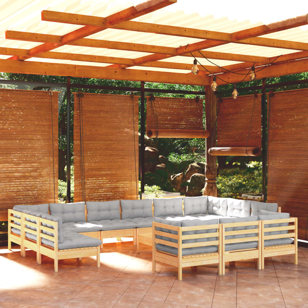vidaXL Set mobilier grădină cu perne, 14 piese, gri, lemn masiv pin Gradina imagine noua