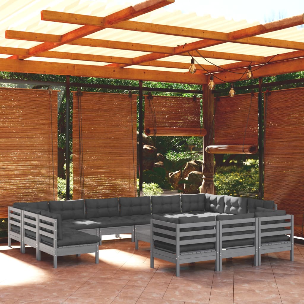vidaXL Set mobilier de grădină cu perne, 14 piese, gri, lemn masiv pin vidaXL