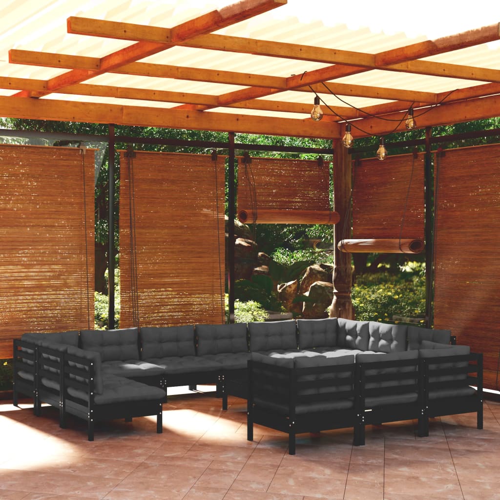 vidaXL loungesæt til haven 14 dele med hynder fyrretræ sort