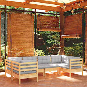 Vrtna sedežna garnitura 6-delna s sivimi blazinami borovina