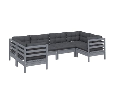 vidaXL 6 hluta Gar&eth;s&oacute;fasett me&eth; Sessum Gr&aacute;r Furuvi&eth;ur