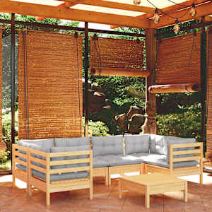 Vrtna sedežna garnitura 7-delna s sivimi blazinami borovina