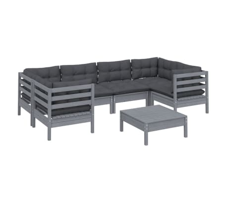 vidaXL 7-tlg. Garten-Lounge-Set mit Kissen Grau Kiefernholz