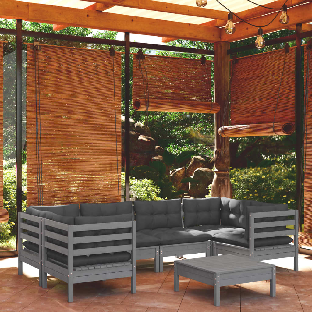 vidaXL 7-tlg. Garten-Lounge-Set mit Kissen Grau Kiefernholz