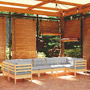 Vrtna sedežna garnitura 7-delna s sivimi blazinami borovina