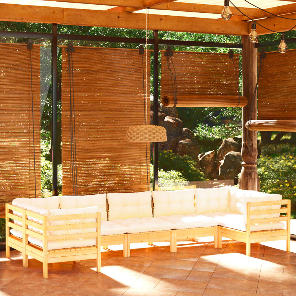 Zestaw wypoczynkowy ogrodowy - drewno sosnowe, kremowe poduszki - 75 znaków