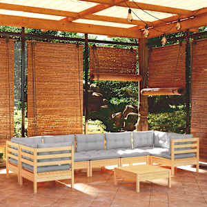 Vrtna sedežna garnitura 8-delna s sivimi blazinami borovina