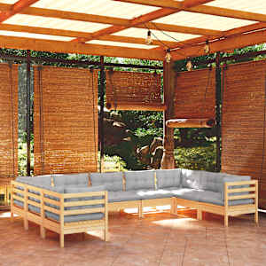 Vrtna sedežna garnitura 9-delna s sivimi blazinami borovina