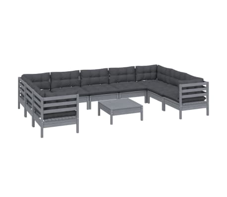 vidaXL 10-tlg. Garten-Lounge-Set mit Kissen Grau Kiefernholz