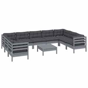 vidaXL Sodo komplektas su pagalvėmis, 10 dalių, pilkas, pu&scaron;ies mediena