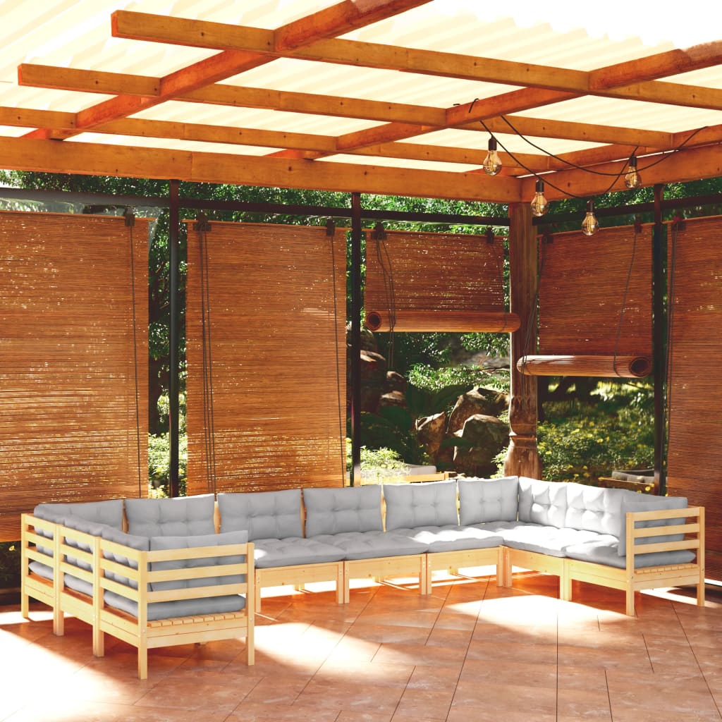 vidaXL 10-cz. zestaw wypoczynkowy do ogrodu, szare poduszki, sosnowy
