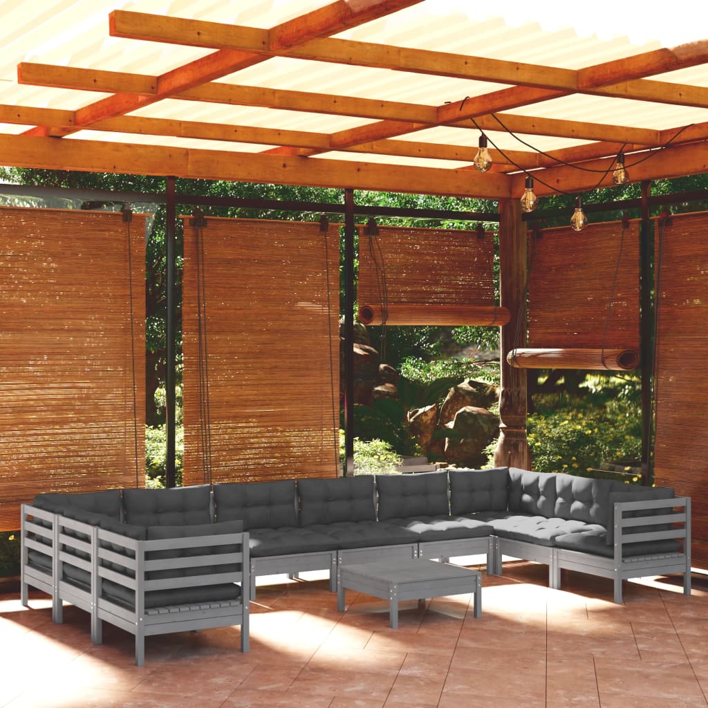 vidaXL 11-tlg. Garten-Lounge-Set mit Kissen Grau Kiefernholz