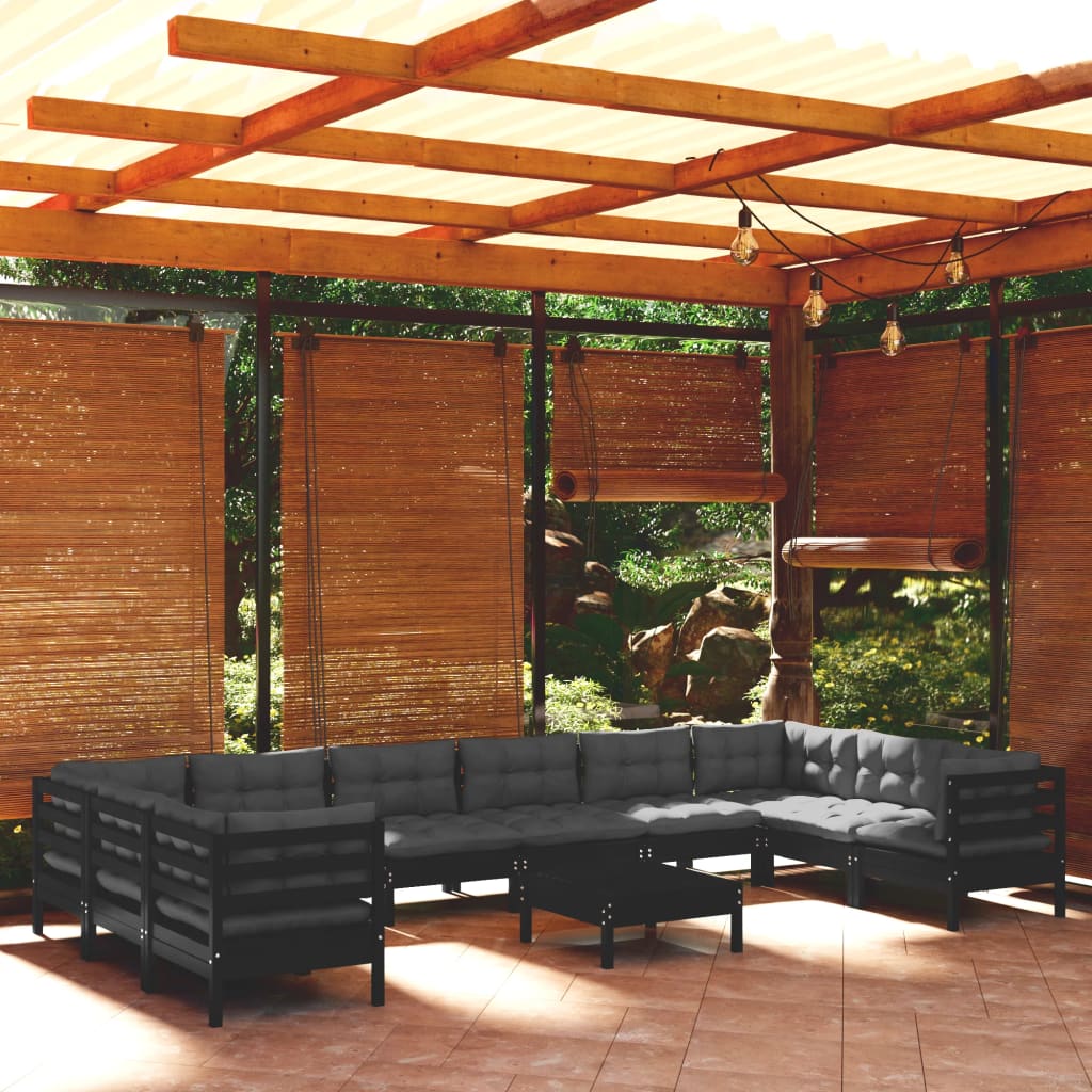 vidaXL 11-tlg. Garten-Lounge-Set mit Kissen Schwarz Kiefernholz