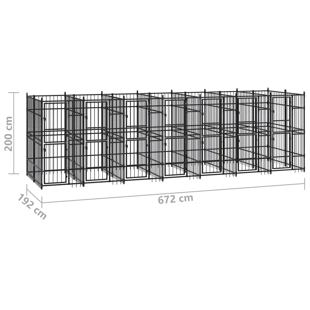 Chenil d’extérieur en acier noir pour chien - 7 chenils individuels modulables – Panneaux à barreaux – 672 x 192 x 200 cm – 13 m²