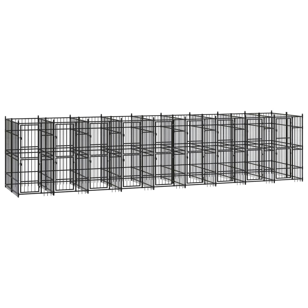 Chenil d’extérieur en acier noir pour chien - 9 chenils individuels modulables – Panneaux à barreaux – 860x190x200 cm – 16m²