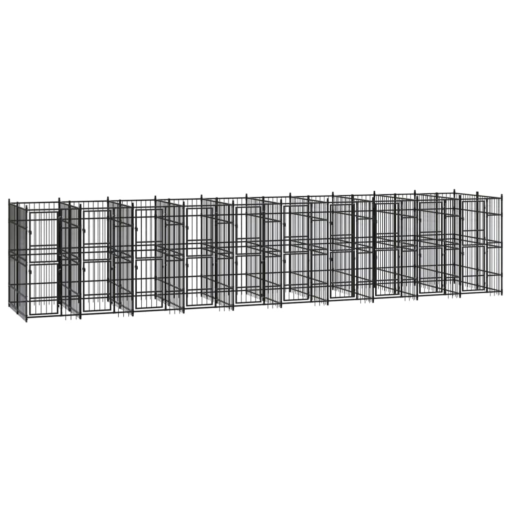 Chenil d’extérieur en acier noir pour chien - 10 chenils individuels modulables – Panneaux à barreaux – 960x190x200 cm – 18m²