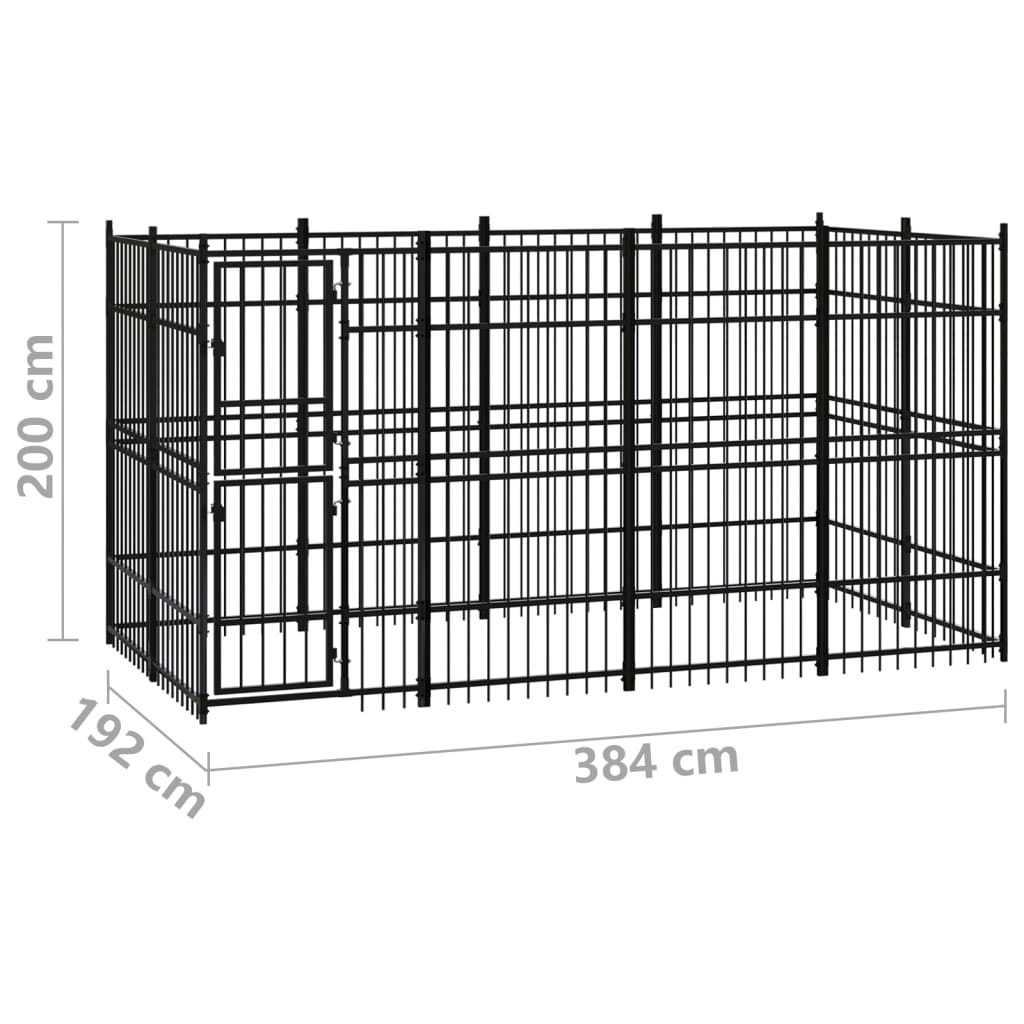 Chenil d'extérieur en acier noir pour chien - Panneaux à barreaux - 384 x 192 x 200 cm - 7 m²