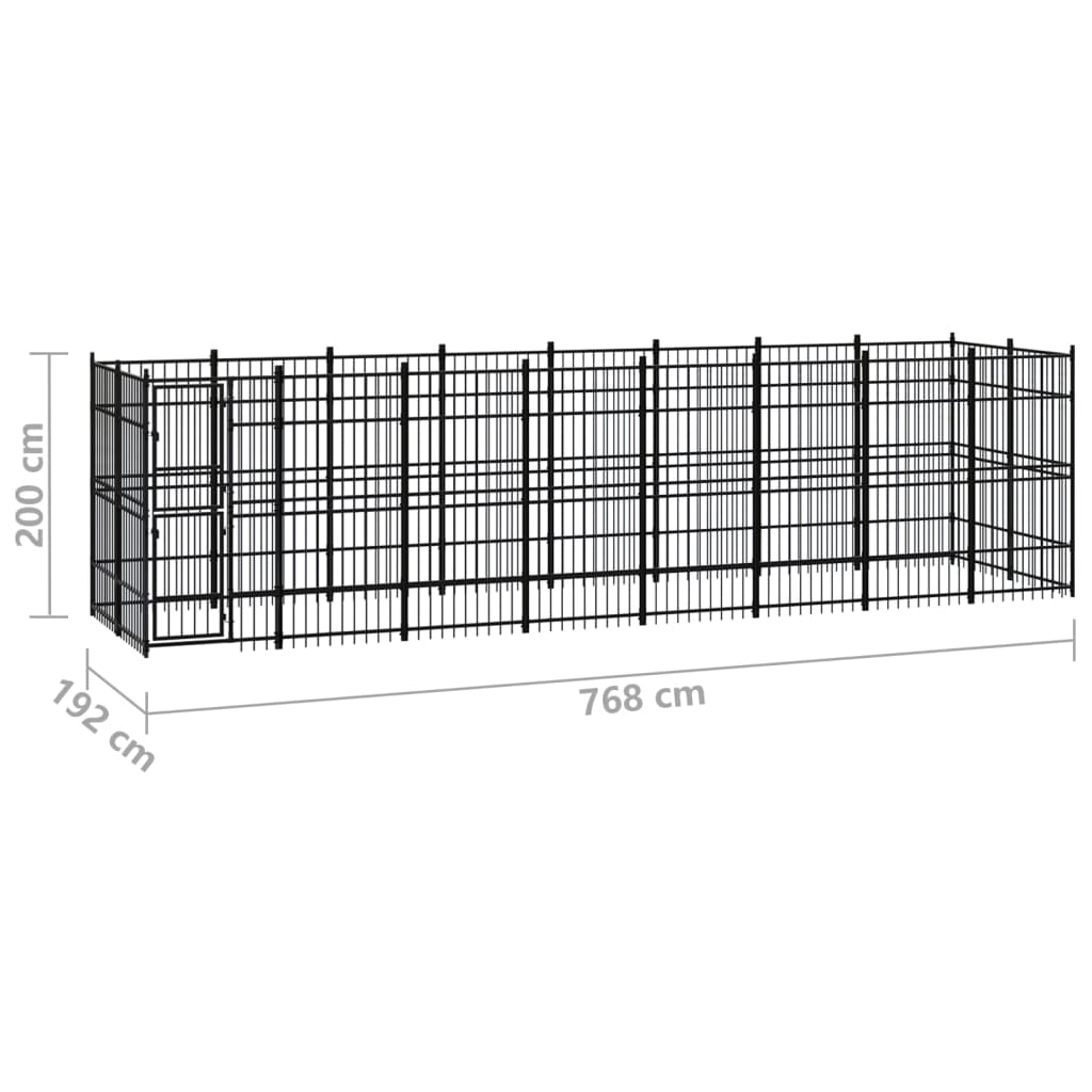 Chenil d'extérieur en acier noir pour chien - Panneaux à barreaux - 768 x 192 x 200 cm - 15 m²