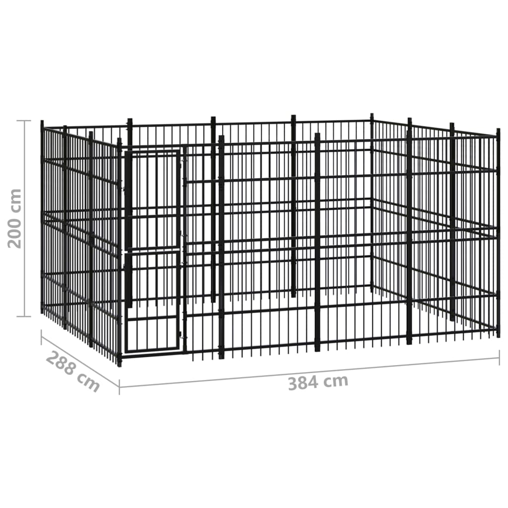 Chenil d'extérieur en acier noir pour chien - Panneaux à barreaux - 384 x 288 x 200 cm - 11 m²