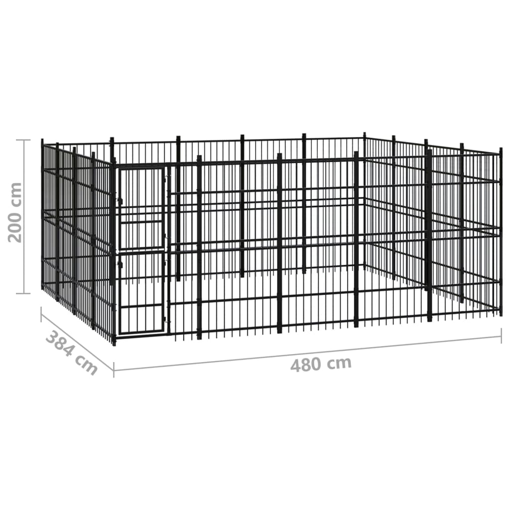 Chenil d'extérieur en acier noir pour chien - Panneaux à barreaux - 480 x 384 x 200 cm - 18 m²