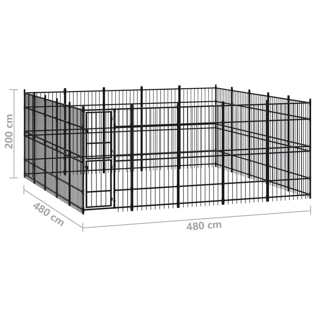 Chenil d'extérieur en acier noir pour chien - Panneaux à barreaux - 480 x 480 x 200 cm - 23 m²