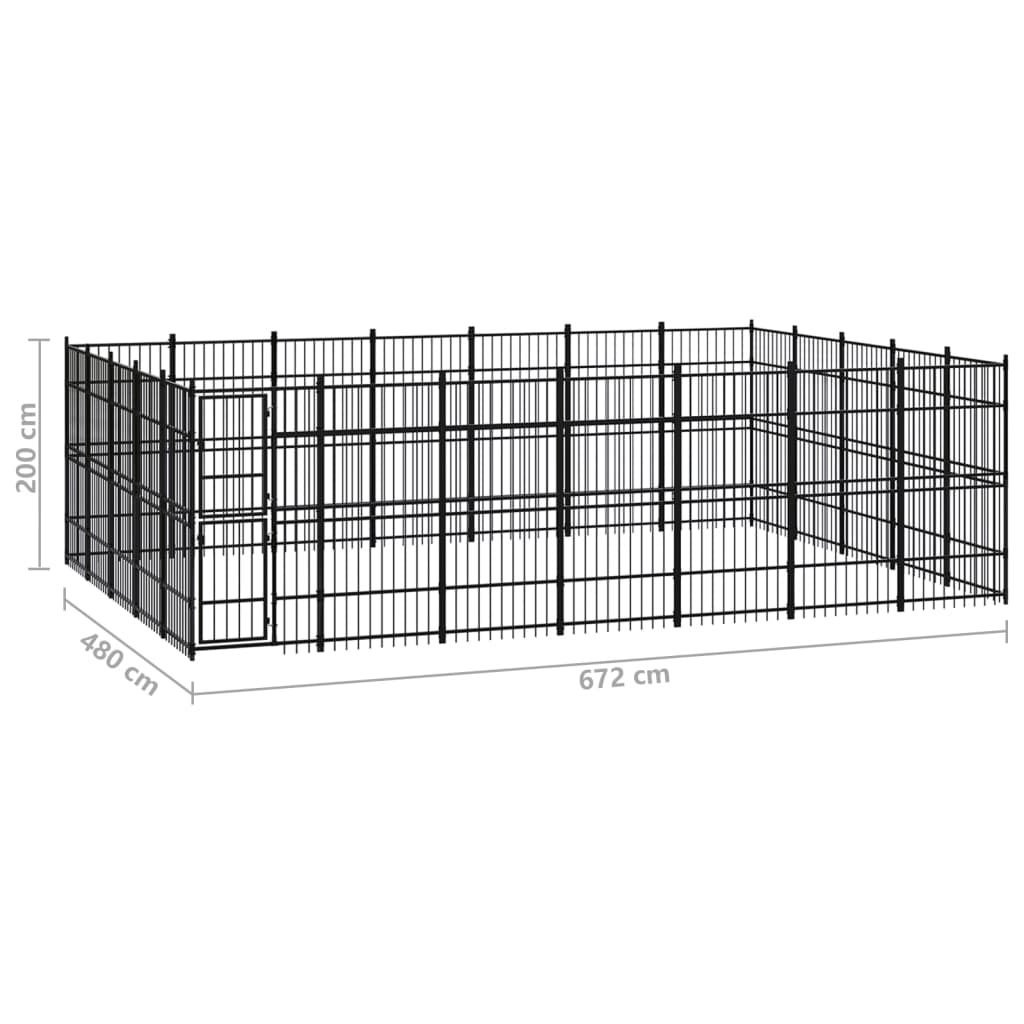 Chenil d'extérieur en acier noir pour chien - Panneaux à barreaux - 672 x 480 x 200 cm - 32 m²