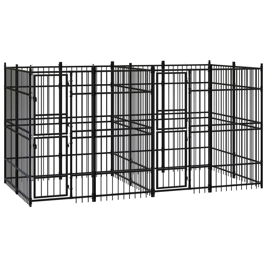Chenil d’extérieur en acier noir pour chien - 2 chenils individuels modulables – Panneaux à barreaux – 384 x 192 x 200 cm – 7 m²