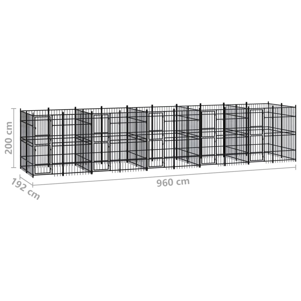 Chenil d’extérieur en acier noir pour chien - 5 chenils individuels modulables – Panneaux à barreaux – 960 x 192 x 200 cm – 18 m²