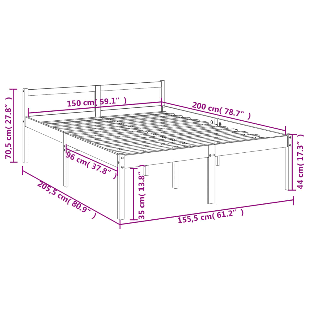 King Size fekete tömör fenyőfa ágy időseknek 150 x 200 cm 