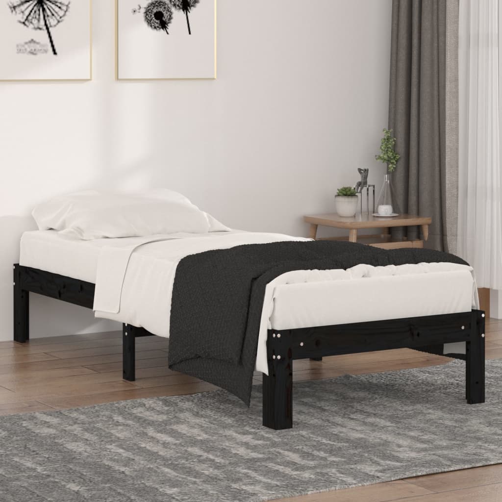 Cadre de lit Noir Bois massif 75x190 cm Petit simple